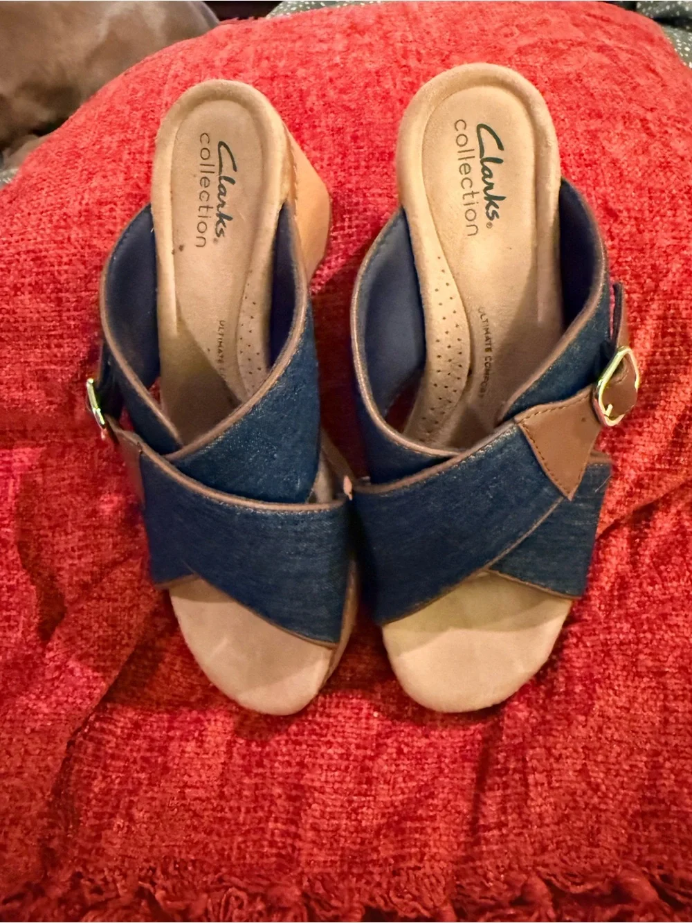 Clarks Denim Crossover Wedge Sandals with Tan Accents